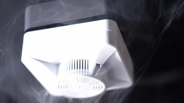 White smoke detector mounted on ceiling. Thin white smoke rises around it. Close-up view shows device in motion. Ideal for fire safety demonstrations. Use for home security content
