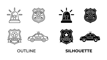 Police Icon Set: A collection of outline and silhouette icons representing law enforcement, including a police badge, a patrol car, and a siren, symbolizing order and security. © khaleda