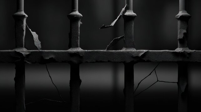 Close up of weathered black iron gate with broken sections against dark background
