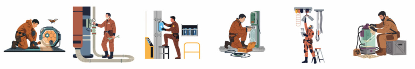 Fototapeta premium Vector illustrations of industrial workers in orange coveralls performing various technical tasks like welding, machinery maintenance, and operating control panels.