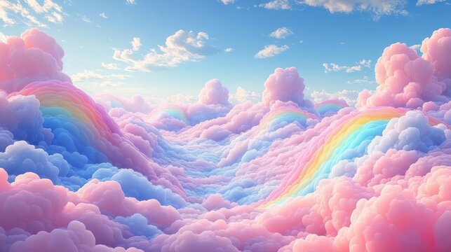 Pastel cotton candy clouds forming rolling valleys with rainbow arches under a bright blue sky, dreamy and serene