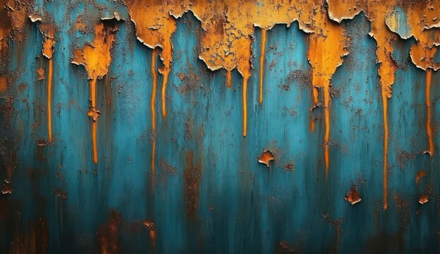peeling orange rust and flaking turquoise paint on weathered metal with dripping streaks, gritty texture and melancholic aged decay
