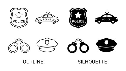 Police Icon Set: A collection of police-themed icons featuring badges, police cars, handcuffs, and hats, presented in both outline and silhouette styles for versatile design use. © Hafsa