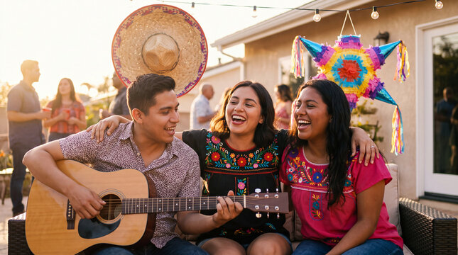 Hispanic Heritage Month celebration features Latinx friends singing and playing guitar at party for poster