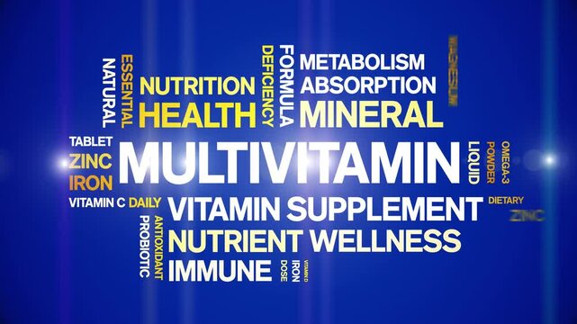 Multivitamin animated word cloud-animation tag kinetic typography seamless loop.