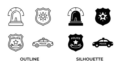 Police Icons: A collection of graphic icons representing law enforcement, including police badges, siren lights, and patrol cars in both outline and silhouette styles. © Rahima