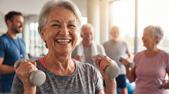 Grandparents Day features happy senior woman lifting light dumbbells in gym for elderly fitness banner