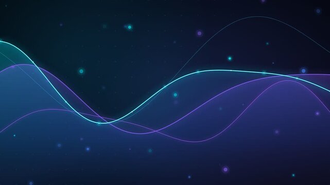 Textless dark minimal background featuring smooth organic flowing glowing cyan and violet neon data wave ribbons with floating particle dust