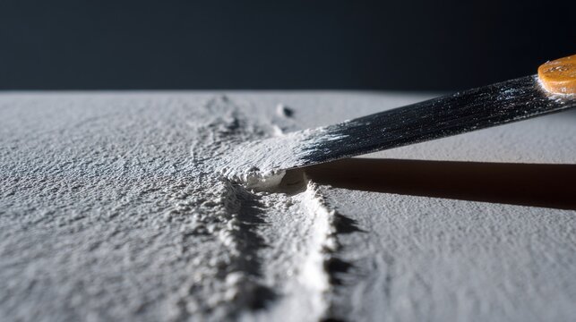 spackling. A putty knife spreading white paste over a dent in a grey wall. real-estate listings, architecture portfolios, designed for real-estate listing and luxury residence showcases.