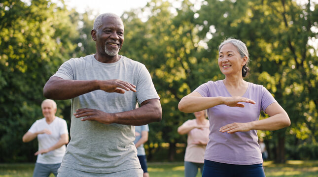 Grandparents Day features active senior couple doing tai chi outdoors for healthy elderly lifestyle banner