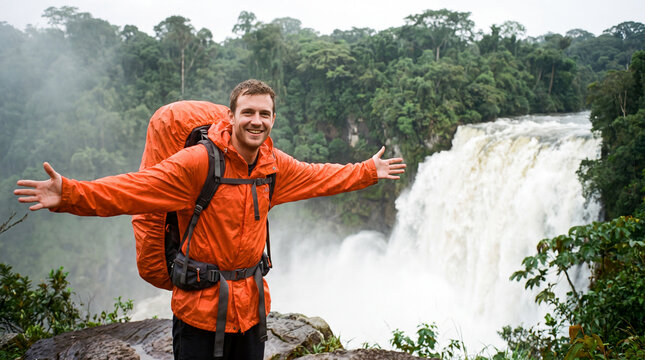World Tourism Day features a white male backpacker in an orange jacket with arms open before a powerful waterfall for World Tourism Day marketing