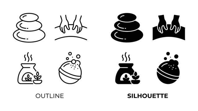 Spa Icons: A collection of clean icons representing spa and wellness treatments, including stacked stones, massage hands, aroma diffuser, and bath bomb, available in outline and silhouette styles.