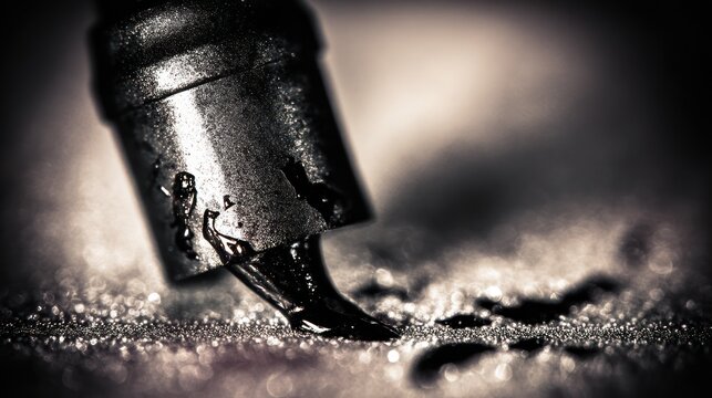 Close up of a pen tip dispensing dark ink onto a textured surface
