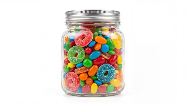 Glass jar filled with colorful sugared gummy rings and round candies displayed on white background