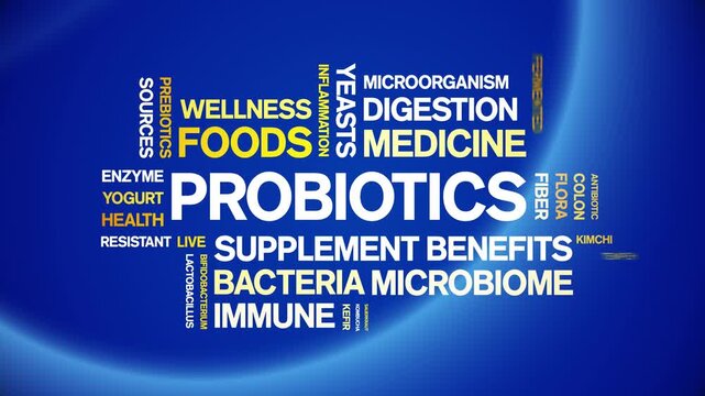 Probiotics animated word cloud-animation tag kinetic typography seamless loop.