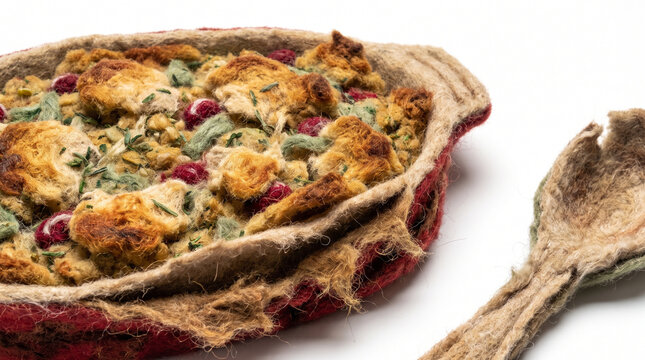 Stuffed dish with cranberries and herbs in a rustic baking dish  