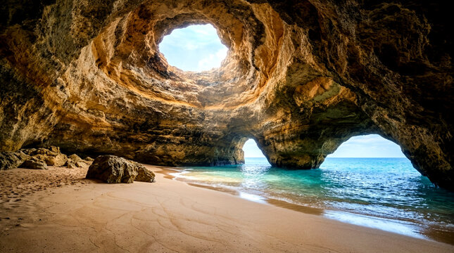 Underground cave pool with glowing blue water and rock formations, underground