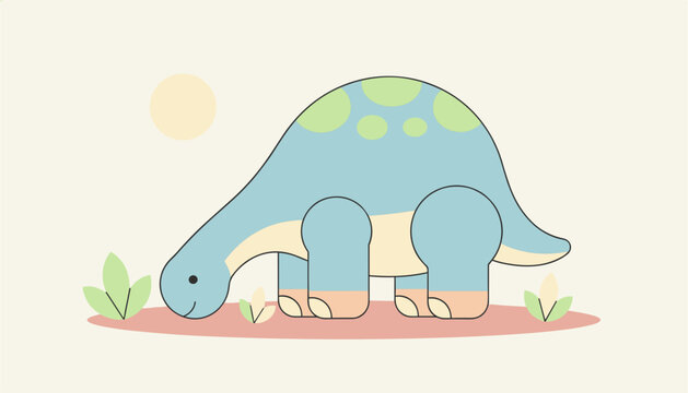 Adorable cartoon blue long neck dinosaur grazing on small green leaves in a simple minimalist illustration.