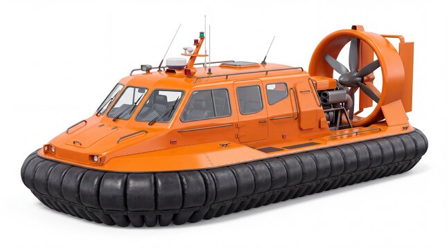 Bright orange hovercraft vehicle featuring large rear propeller and black rubber skirt on white background