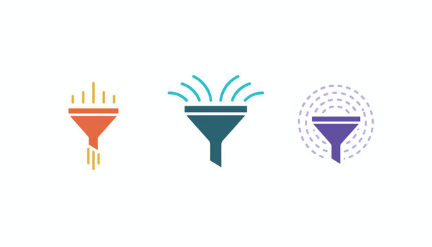 Three colorful marketing funnel icons depicting data filtering and customer conversion process in different stages.