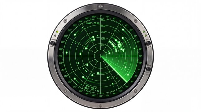 Circular marine radar screen displaying glowing green targets in a metallic housing on white background