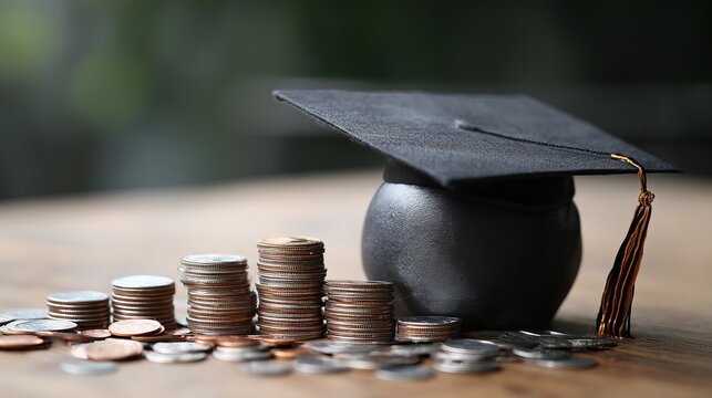 Black graduation cap sits atop a round money bank surrounded by piles of shiny silver coins on a wooden desk