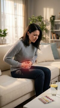 Female discomfort manifestation: abdominal discomfort, bladder irritation, pelvic ache, painful urination, health struggle, urinary disorder, internal inflammation, body unwell, female condition.