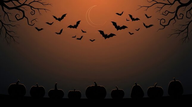 Spooky Halloween background with orange gradient, bats, silhouettes of pumpkins, and copy space