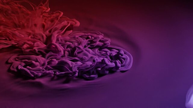 Abstract red and purple ink clouds swirling gracefully on a liquid surface with ripples.