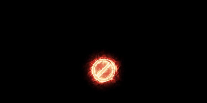 Fiery forbidden stop sign falling down loop animation on solid black background