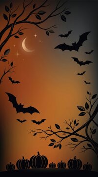 Spooky Halloween vertical card with leaves, bats, crescent moon, and copy space
