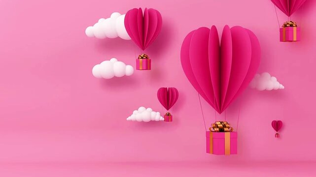3D Valentine Day Heart Hot Air Balloons Flying with Gifts in Pink Sky