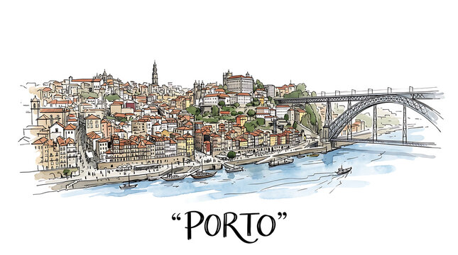 Watercolor illustration of Porto cityscape with iconic bridges and colorful hillside buildings capturing the vibrant urban