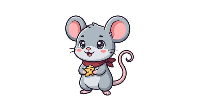 An adorable cartoon mouse character standing and smiling while holding a small piece of yellow cheese