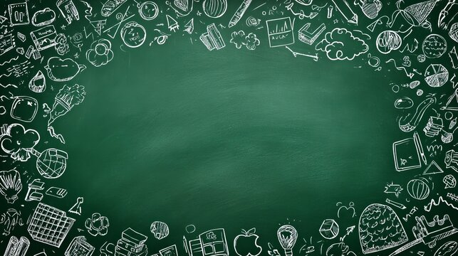 Green chalkboard features decorative white hand drawn education doodles bordering the empty central space with textured surface and soft lighting