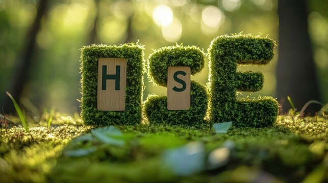 Moss-covered block letters with wooden letter tiles spelling H S E on a sunlit forest floor, soft bokeh background, serene green eco and sustainability concept