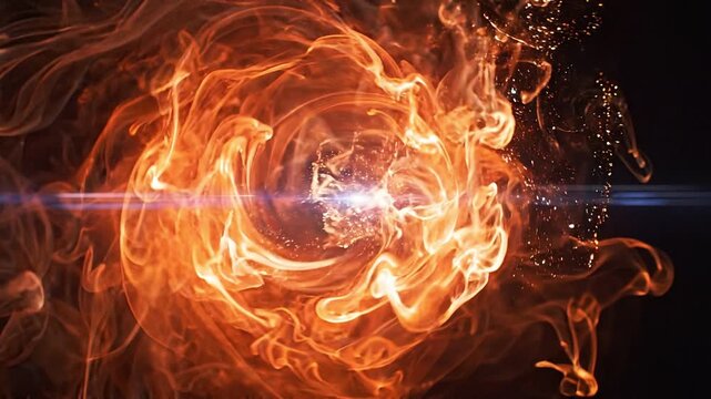 Dynamic swirling fire vortex with glowing embers and a central lens flare on a black background.