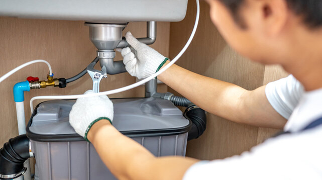 Male plumber with glove fixing pipe connection and checking grease trap box under kitchen sink with adjustable wrench. Handyman repairing plumbing system in wooden cabinet.
