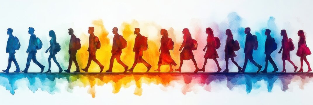 row of colorful walking human silhouettes on a thin line with watercolor splashes and reflections conveying movement, unity and optimism