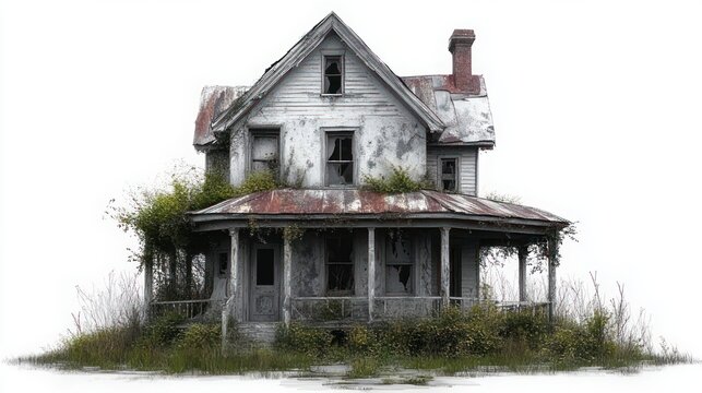 Abandoned two-story farmhouse with broken windows, rusted metal roof and wraparound porch overtaken by weeds and vines, dilapidated and eerie rural scene