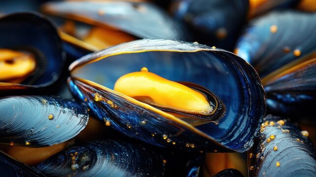 close-up of glossy blue mussel shells opened to reveal plump bright orange meat, glistening and appetizing
