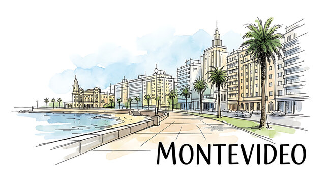 Vibrant artistic rendering of Montevideo shoreline showcasing modern cityscape and lush palm trees align with cultural
