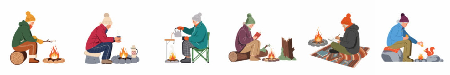 Set of flat illustrations depicting people camping, relaxing by a campfire, reading, writing, and cooking in the great outdoors.