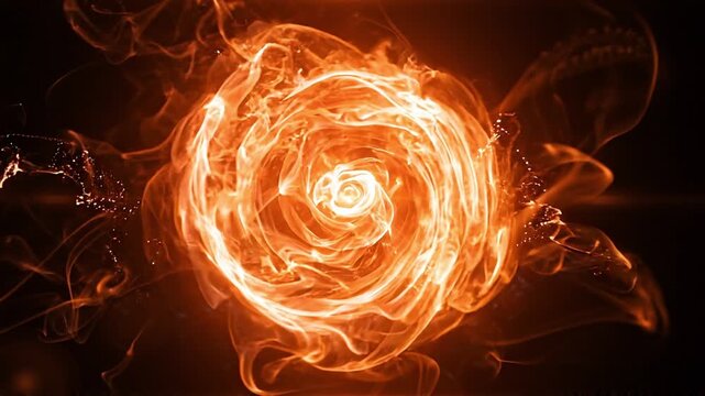 Abstract fiery energy swirl forming a glowing orange vortex on a dark black background.
