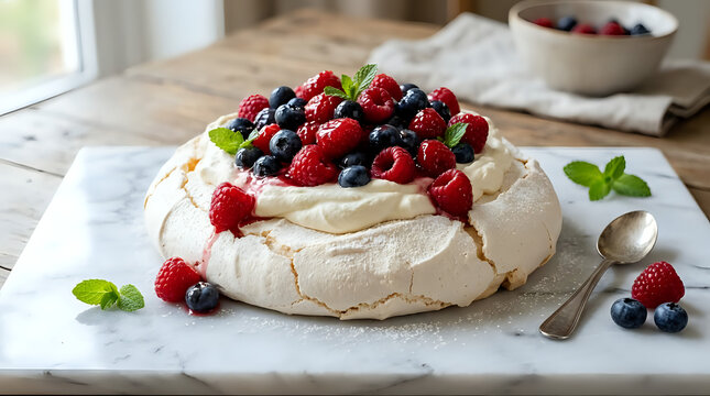 Fresh pavlova meringue cake topped with raspberries blueberries and mint on a marble board meringue raspberries blueberries homemade delicacy