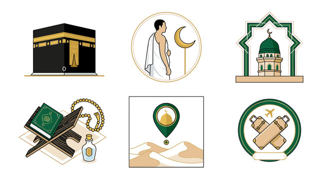 Islamic Hajj and Umrah Pilgrimage Vector Icon Set featuring Kaaba, Pilgrim in Ihram, Green Dome, Holy Quran on Rehal, and Travel Badges