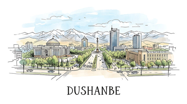 Detailed watercolor sketch of Dushanbe cityscape featuring prominent buildings, lush greenery, expansive roadways, and