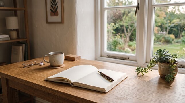 Open blank notebook with fountain pen on rustic wooden desk by sunlit window with coffee and succulent plant for creative writing inspiration or remote working in a cozy home office setting