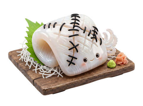 Kawaii Stitched Squid Sashimi Ghost Character, Creative 3D Illustration of Halloween Ika Sushi with Zombie Stitches on Wooden Board