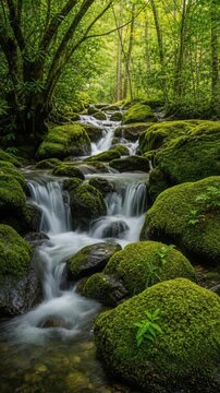 Serene forest stream with moss-covered rocks and lush green foliage in peaceful natural landscape